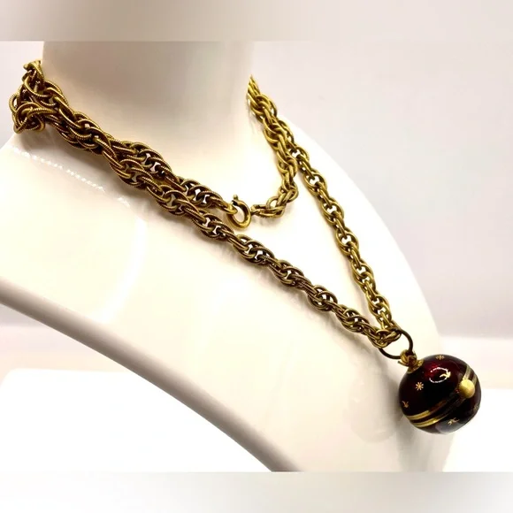 Vintage 1960s Signed Jean Perret Gold Tone Red Enamel Orb Necklace Watch Working - Picture 10 of 14